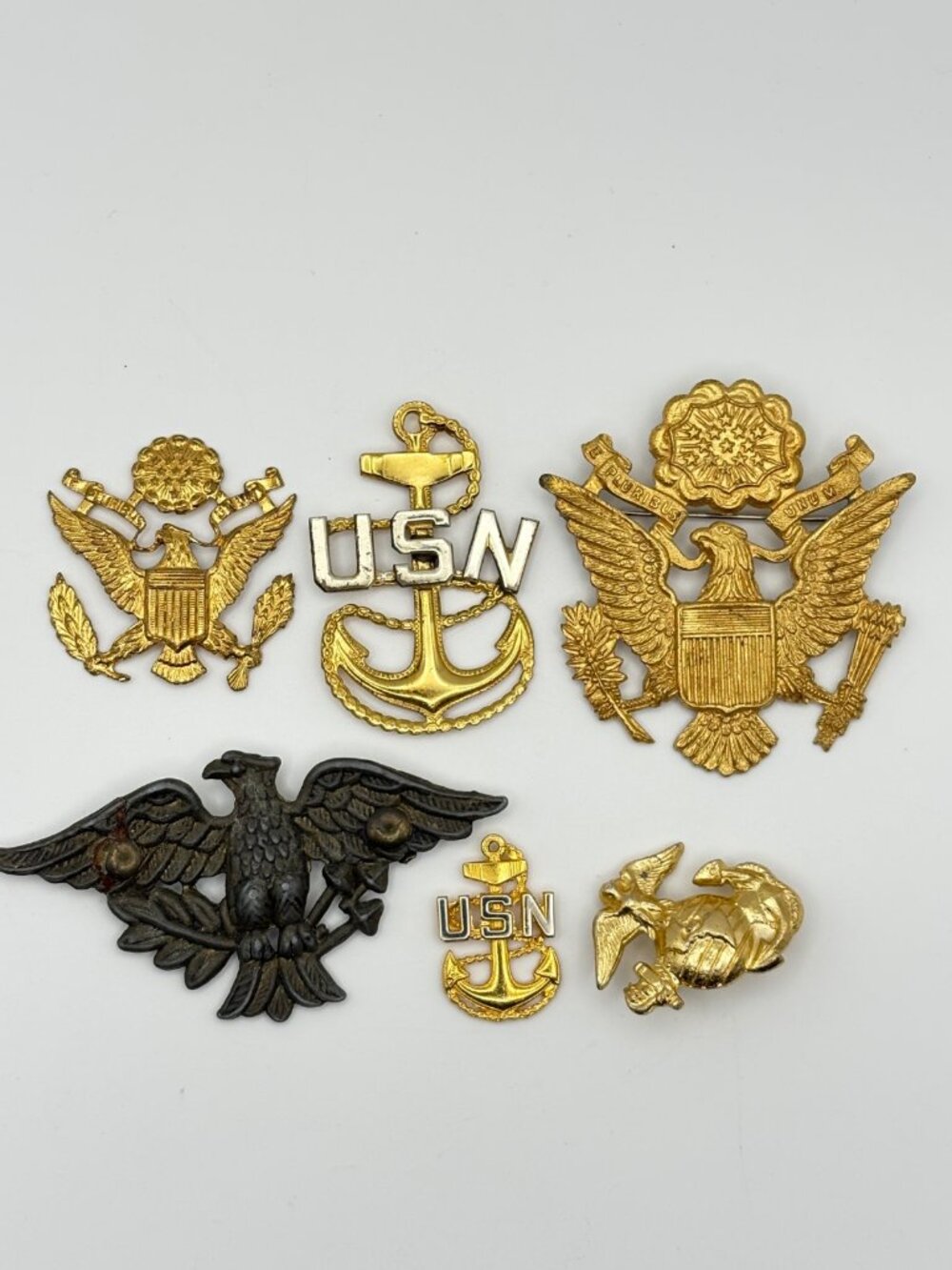 Vintage US Military Pin Lot 6pc Navy CPO Sterling Anchor USMC EGA Army Crests